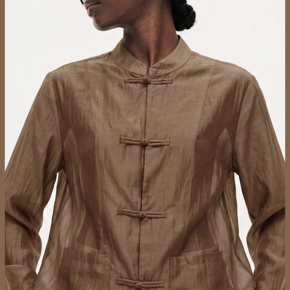 Brown Woven Frog Button Stand Collar Patch Pocket Blouse Jacket